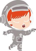 platt Färg stil tecknad serie Söt astronaut flicka pekande vektor
