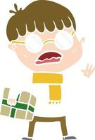 Cartoon-Junge im flachen Farbstil, der ein Geschenk hält und eine Brille trägt vektor