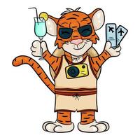 Tiger in Sonnenbrille mit Cocktail. das Symbol des neuen Jahres nach dem chinesischen oder östlichen Kalender. Umriss zum Ausmalen. bearbeitbare Vektorgrafik, Cartoon-Stil vektor