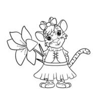 süße Tigerin im Kleid, mit schöner Blume. Symbol des neuen Jahres nach dem chinesischen oder östlichen Kalender. Umriss zum Ausmalen. Vektor editierbare Illustration, Cartoon-Stil