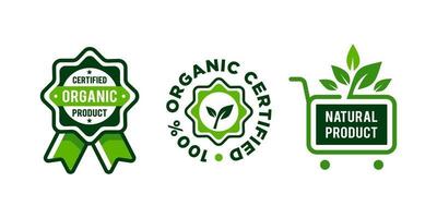 Bio-Abzeichen-Vektor. zertifizierter Bio-Satz von Etiketten und Aufklebern für grüne Bio-Lebensmittel und -Getränke sowie Naturprodukte. Vektorillustrationskonzepte für Webdesign, Verpackungsdesign vektor