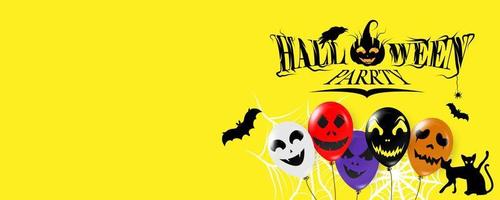 halloween-banner mit halloween-geisterballons, spinne und fledermaus. gruselige luftballons. webseite gruselig oder bannervorlage. vektor