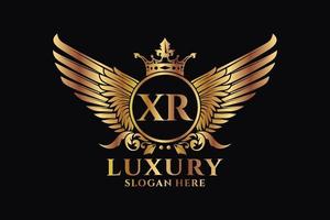 luxus königlicher flügelbuchstabe xr wappengoldfarbe logovektor, siegeslogo, wappenlogo, flügellogo, vektorlogovorlage. vektor