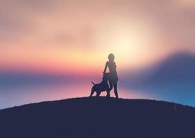 silhuett av en kvinna och hund mot solnedgången vektor