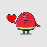 niedliche Cartoon-Wassermelone, die ein großes rotes Herz hält vektor