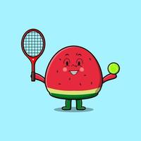 niedliche Cartoon-Wassermelone, die Tennisplatz spielt vektor