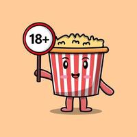 niedliches cartoon-popcorn, das 18 plus schild hält vektor