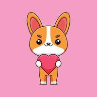 niedlicher corgi, der liebe herd cartoon gekritzelkunst hand gezeichnetes konzept vektor kawaii symbol illustration hält