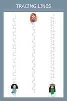 Trace-Linien-Arbeitsblatt mit kleinen Mädchen, Puppen für Kinder, Feinmotorik üben. Lernspiel für Kinder im Vorschulalter. vektor