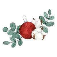 vattenfärg teckning. bukett, sammansättning för jul från eukalyptus löv, bomull blommor och jul leksaker. årgång illustration ny år, vinter- vektor