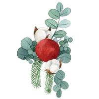 vattenfärg teckning. bukett, sammansättning för jul från eukalyptus löv, bomull blommor och jul leksaker. årgång illustration ny år, vinter- vektor