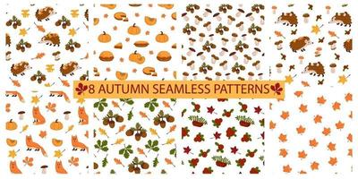 Herbstmuster gesetzt. nahtloser hintergrund mit herbstelementen, igel, blättern, kürbis, eicheln, pilzen, eberesche, beeren. Vektor-Illustration-Cartoon-Stil. vektor