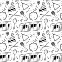 süßes nahtloses muster mit musikinstrumenten - trommelstöcke, maracas, dreieck, tamburin, mikrofon, elektronische tastatur und panflöte. handgezeichnete Vektorgrafik im Doodle-Stil.