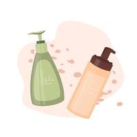 flaskor kosmetisk på växt bakgrund. begrepp av verktyg skönhet och hud vård, spray, eko, rengöringsmedel. vektor platt illustration.