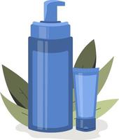 flaska och rör kosmetika på växt bakgrund. begrepp av verktyg skönhet och hud vård, spray, eko, rengöringsmedel. vektor platt illustration.