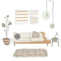 stilvolle Wohnzimmer Innenarchitektur Boho skandinavischen Stil Vektor-Illustration. japandi-interieur in hellen natürlichen farben, moderne möbel-hängelampen, zeitgenössische linienzeichnung. minimalistisches design vektor