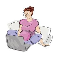 schwangere frau, die zu hause laptop verwendet, vektor isolierte illustration.schöne junge werdende mutter, die von zu hause aus mit laptop arbeitet