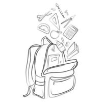 schultasche oder rucksack mit verschiedenen schulmaterial schreibwaren fliegen von ihm strichzeichnung vektor isolierte illustration.rucksack mit schulmaterial schwarz-weiß skizze