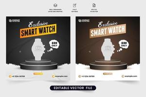 Smartwatch-Social-Media-Werbevorlage mit dunklem Hintergrund. Web-Banner-Vektor für Digitaluhr-Werbung für Online-Marketing. Social-Media-Post-Design für Armbanduhren und Vorlage für Rabattangebote. vektor
