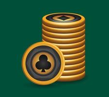 lugg av guld poker pommes frites, med klubb symboler, spel design element, 3d vektor illustration