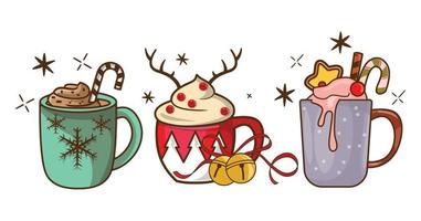 weihnachtliche Heißgetränke aus Kaffee, Schokolade und Eierlikörgetränken in Bechern und Tassen. vektor