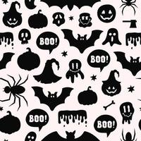 sömlös mönster med svart halloween symboler, spöke, fladdermus, Spindel, pumpa i tecknad serie platt stil. vektor illustration