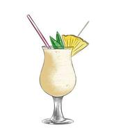 Vektorgravierte Illustration von Pina Colada für Poster, Dekoration, Logo, Menü und Druck. hand gezeichnete bunte skizze des sommercocktails lokalisiert auf weißem hintergrund. detaillierter Vintage-Holzschnitt vektor