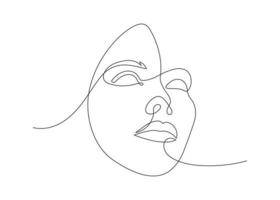 enda linje hand dragen ung kvinna porträtt kvinna skönhet, minimalistisk vacker flicka ansikte. dynamisk kontinuerlig ett linje grafisk vektor design. svart och vit illustration