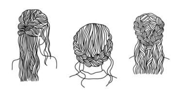 linje konst frisyrer uppsättning. kvinna huvuden med flätad hår. hand dragen vektor illustration