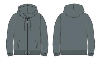 långärmad hoodie tekniskt mode platt skiss vektor illustration mall fram- och baksidan.