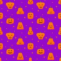 pumpor sömlös mönster. halloween eller tacksägelse vektor bakgrunder. färgrik skrämmande pumpor med ondska ansikte träsnideri. bra för säsong- textil- grafik, Semester banderoller, omslag eller tapeter