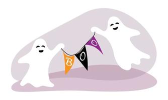 niedliche, lustige Geister, die gruselige Boo-Flaggen tragen. illustration set clipart auf isoliertem hintergrund. gruseliger hintergrund für halloween-feiern, textilien, tapeten, geschenkpapier, scrapbooking. vektor
