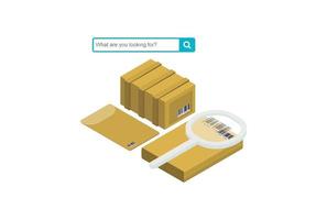 paketpaketauftragsverfolgung flache isometrische 3d-geschäfts-online-shop-shop-lieferungskonzept-web-vektorillustration. große Box auf Lupe und Mikrokunden. Sammlung kreativer Menschen. vektor