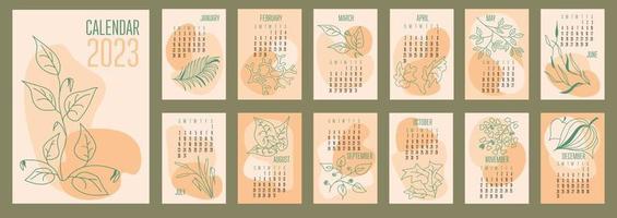 Vektor vertikaler Kalender 2023 trendige abstrakte Formen mit handgezeichneten botanischen Pflanzen. Woche beginnt am Sonntag.