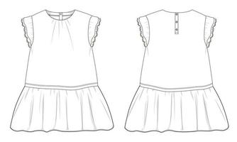 Baby Mädchen Kleid Design technische flache Skizze Vektor Illustration Vorlage. Bekleidungskleidung mock up Vorder- und Rückansicht isoliert auf grauem Hintergrund. Kinder Mode Vektorgrafiken Zeichnung einfach editierbar.