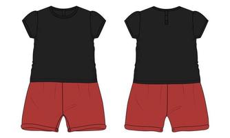 T-Shirt-Tops und Shorts Kleid Design technische Mode flache Skizze Vektor Illustration Vorlage für Kinder. bekleidung mock-up cad vorder- und rückansicht.