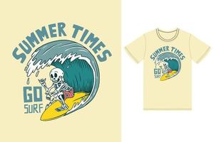 skalle surfing illustration med tshirt design premie vektor