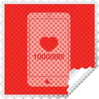 mobil telefon som visar 1000000 gillar fyrkant peeling klistermärke vektor