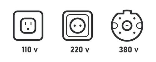 uttag kraft linje ikon uppsättning. 110v, 220v, 380v Spänning. informativa tecken elektrisk plugg symbol. vektor illustration på vit bakgrund