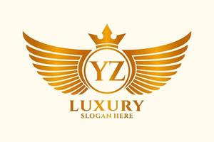 luxus königlicher flügelbuchstabe yz wappengoldfarbe logovektor, siegeslogo, wappenlogo, flügellogo, vektorlogovorlage. vektor