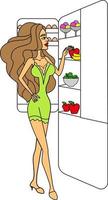 kvinna karaktär stående nära kylskåp. vektor platt tecknad serie illustration