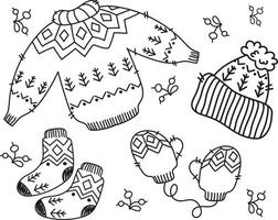 eine Reihe gemütlicher, gestrickter, warmer Kleidung. Herbstzeitvertreib, Malseite. Vektor-Illustration von Hand gezeichnete Umrisse auf weißem Hintergrund.