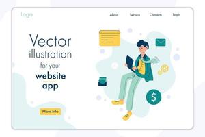 Landing-Page-Mitarbeiter verwendet einen Laptop für die Arbeit. Geschäftsillustration vektor
