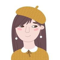 porträtt av en söt leende asiatisk flicka med lång hår. vektor platt illustration av en ung kvinna i en basker. gammal fashioned lady på vit bakgrund. hand dragen tecknad serie avatar för social nätverk.