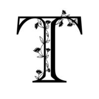 blommigt botaniska alfabetet. vintage handritad monogram bokstaven t. brev med växter och blommor. vektor bokstäver isolerade på vitt