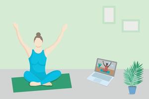 uppkopplad yoga klass. en flicka klockor ett uppkopplad yoga lektion på en bärbar dator och tåg på Hem. ansiktslös illustration begrepp vektor