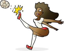 tecknad serie kvinna fotboll spelare sparkar boll vektor