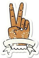 Grunge-Aufkleber einer Handbewegung mit zwei Fingern des Friedens mit Fahne vektor