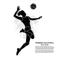 svart silhuett kvinna volleyboll spelare Hoppar till träffa de boll. vektor illustration