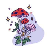 Zauberpilz, Pilz mit Pflanzen und Sternen, Umrisszeichnung vektor
